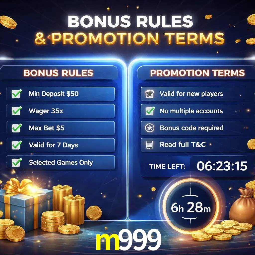 Reglas de promoción m999 y condiciones de bonos explicadas visualmente