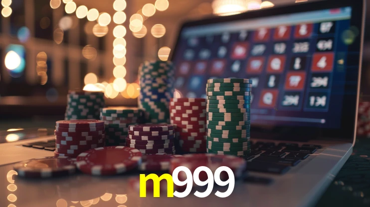 Una escena digital vívida inspirada en casino con m999 mostrado prominentemente, luces brillantes, fichas, cartas y acentos dorados.
