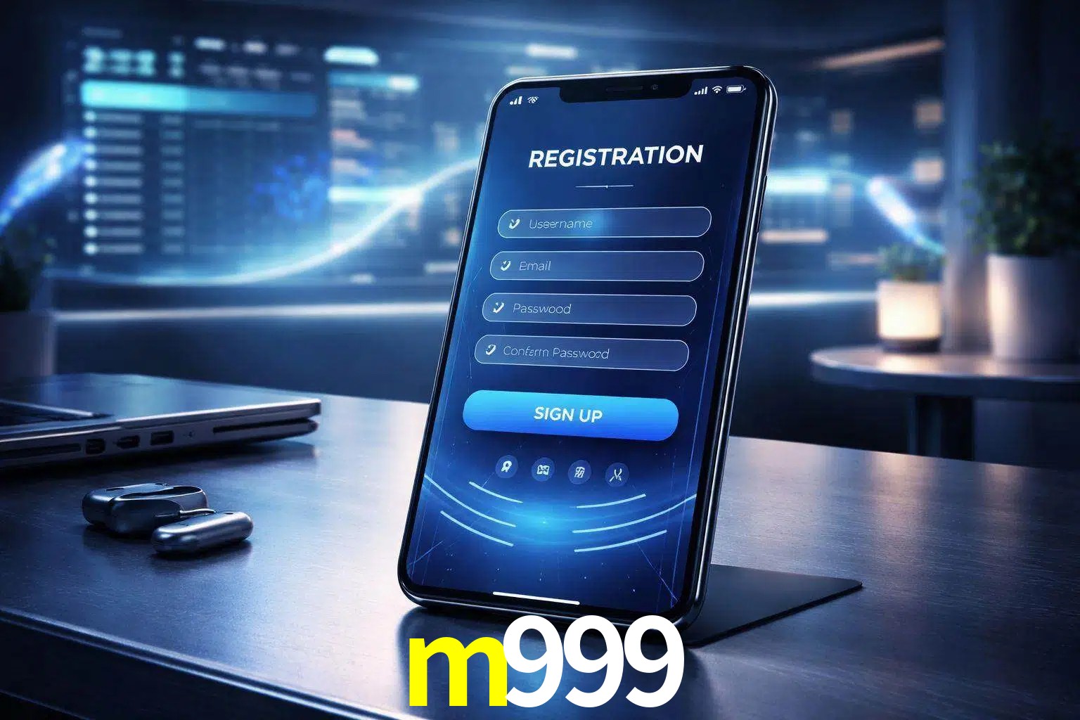 Una interfaz moderna de registro móvil para m999 mostrada en un smartphone con un panel de apuestas elegante.